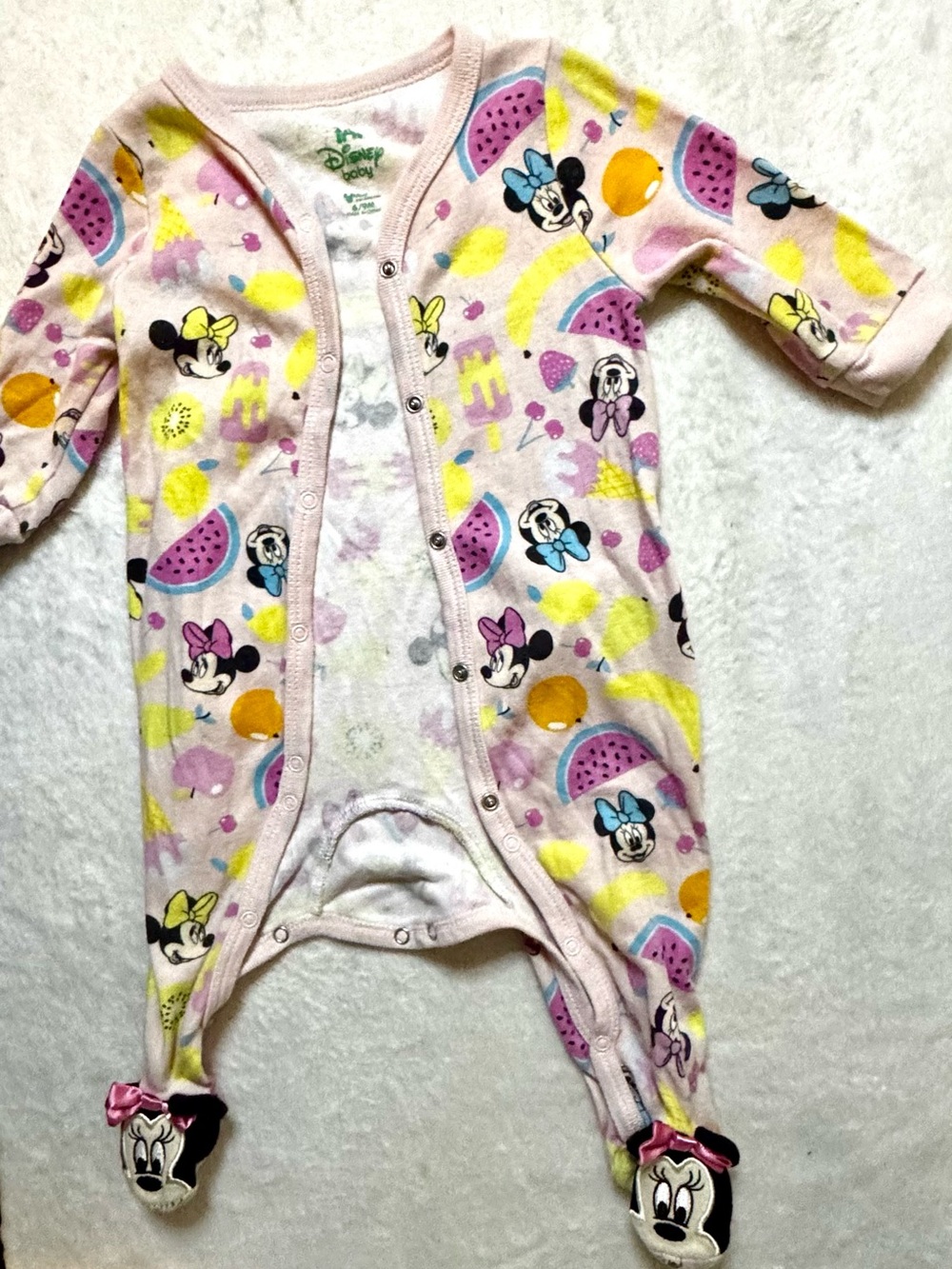 Disney Baby size 6/9 months Pink Minnie Mouse Fruit-Print Footed One-Piece